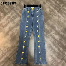Расклешённые джинсовые брюки Высокая талия женские джинсы Золотая кнопка-застежка Джинсы бойфренда для женщин женские брюки осень