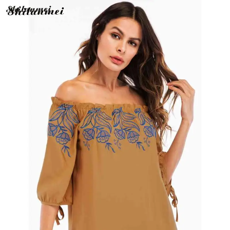 Женское длинное платье с открытыми плечами 3/4 рукав Boho вышивка макси платья женское осеннее желтое длинное хлопковое платье плюс размер