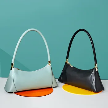 

New Vintage Genuine Leather Crossbody Bag Underarm Baguette Bag for Women 2020 Ladies Shoulder Slung Female Handbag and Purse