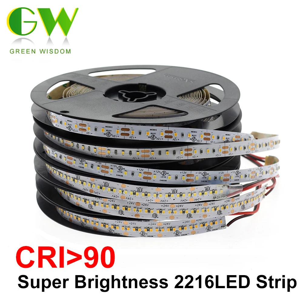 

High End LED Strip SMD 2216 CRI 90 12V 120LEDs/m 24V 300LEDs/m 3000K 4000K 6000K High Brightness Flexible LED Light Tape 5m/lot