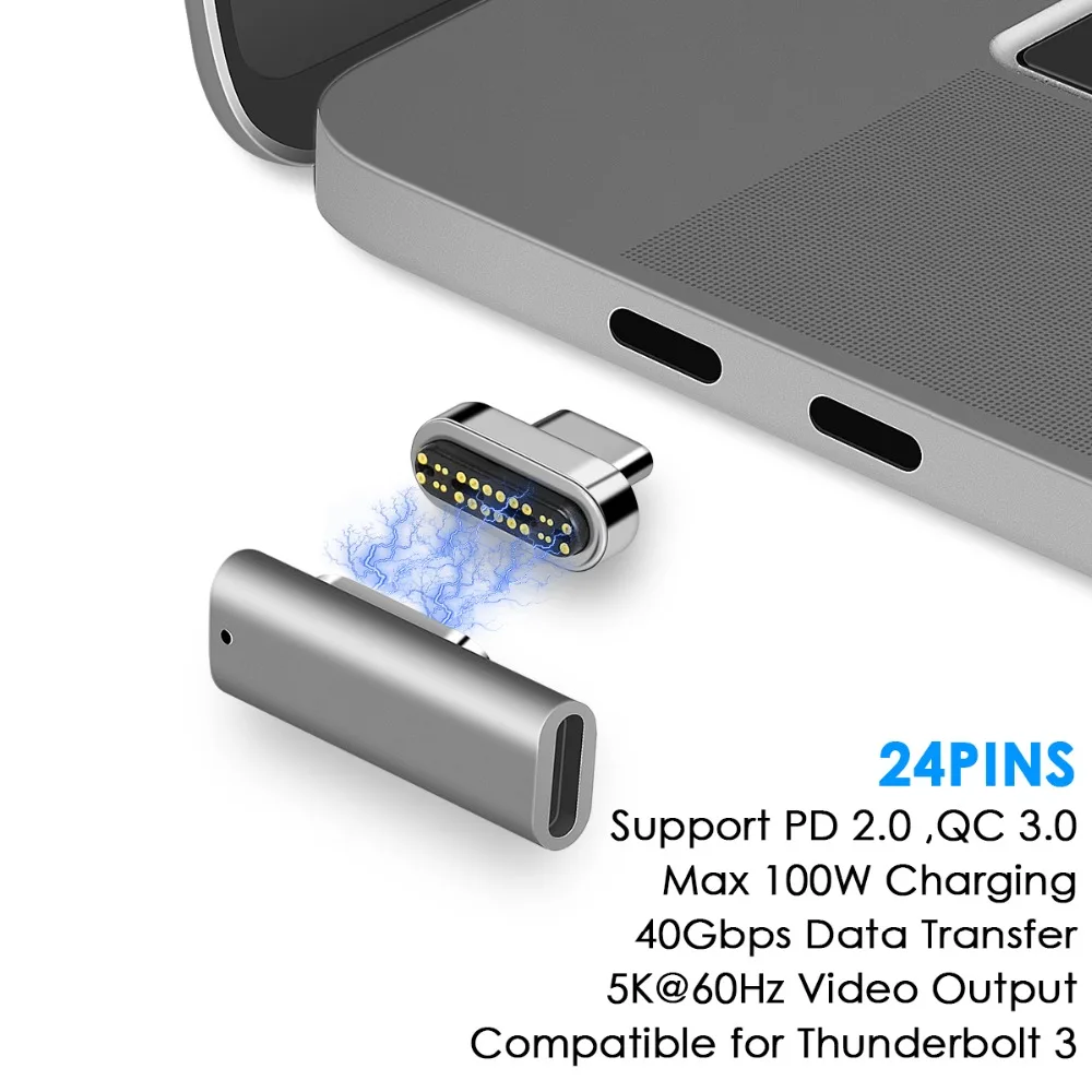 24 PINS Magnetic Type C Adapter For Macbook Pro Huawei MateBook Fast Charging 100W 40GB/S PD Data Transfer USB Type-C Converter