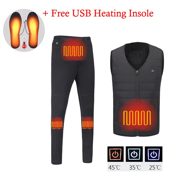  Men USB Infrared Heating Vest Jacket+Heated Pants Sets Women Winter Flexible Electric Thermal Waist