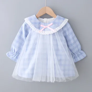 

Girls Dress Spring Autumn 2020 Sweet Korea Style Plaid Long sleeve Mesh Patchwork Children's Party Princess Toddler Clothes