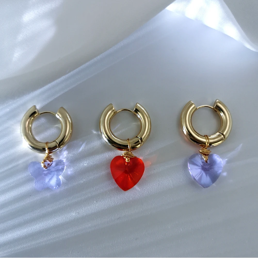 Peri'sBox 2 Colors Glass Love Heart Earrings Flower Chunky Circle Geometric Earrings Butterfly Elegant Minimalist Brass Jewelry - Image 2