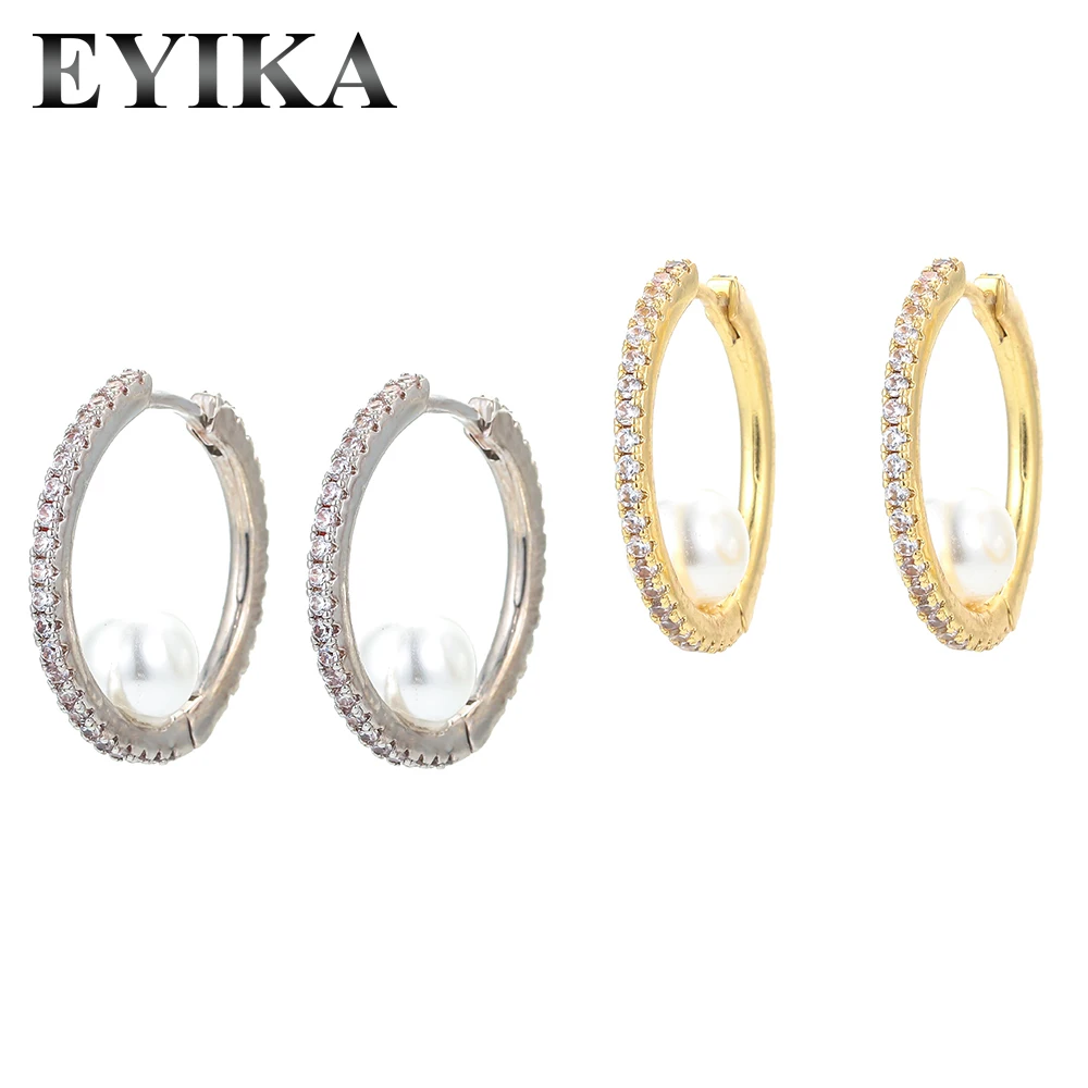 

EYIKA Elegant Women Pearl Hoop Earrings Cubic Zirconia Gold Silver Color Huggie Earrings Mature Female Wedding Jewelry for Gift