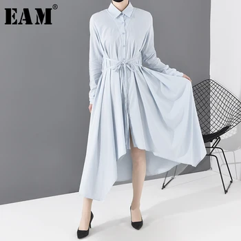 

[EAM] Women Blue Asymmetrical Hem Bandage Shirt Dress New Lapel Long Sleeve Loose Fit Fashion Tide Spring Autumn 2020 JO665
