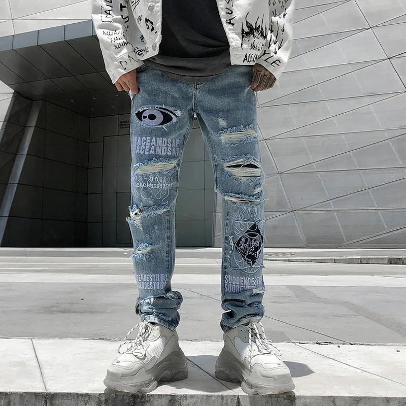 Мужские модные хлопковые джинсы, брюки-шаровары в стиле хип-хоп с эластичной резинкой на талии, синие джоггеры