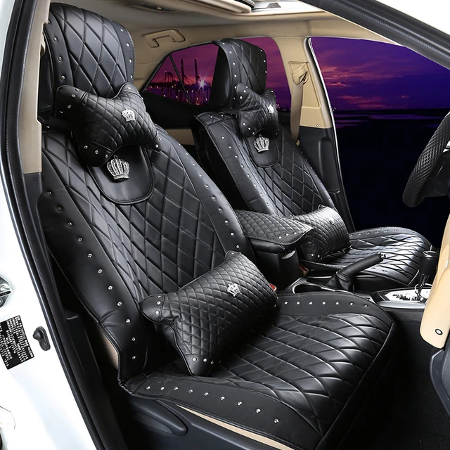 Funda de cuero para asiento de coche, remaches de corona de diamante, cojín  para asiento de coche, accesorios interiores, tamaño Universal, fundas para  asientos delanteros, estilo de coche - AliExpress