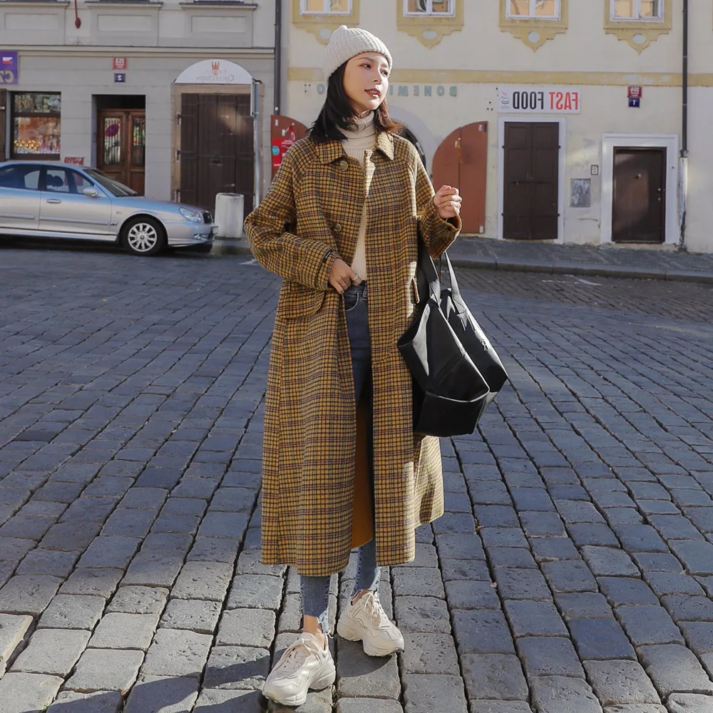 

Photo Shoot Loose-Fit Woolen Jacket 2019 Winter New Style Korean-style WOMEN'S Wear Retro Laziness-Style Yellow Tartan Overcoat