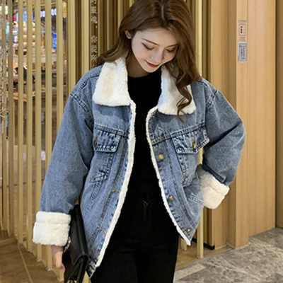 Blue. Утолщенные теплые джинсовые куртки с хлопковой подкладкой для женщин, модные свободные джинсовые куртки-бомберы, женские осенне-зимние парки с длинным рукавом, верхняя одежда - Цвет: Blue.