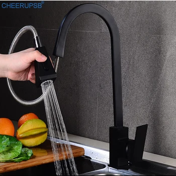 

Kitchen Faucet Pull Out Matte Black Crane 360 Rotation Hot Cold Mixer Tap Sink Copper Faucets Deck Mount Stream Robinet Cuisine