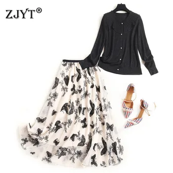 

2020 New Fashion Autumn Runway Suit Women Long Sleeve Knitted Cardigan Top and Embroidery Skirt Two Piece Set