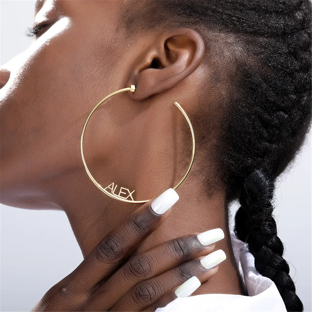 3UMeter Custom Letter Earrings Round Big Earrings Customized Name Ear Studs Stainless Steel Nameplate Earring For Women Gift