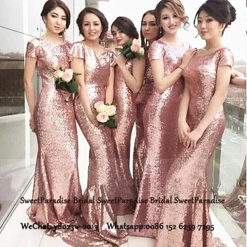

Rose Pink Sequined Bridesmaid Dresses With Short Sleeves Mermaid Jewel Neck Women Long Wedding Guest Dress Party Gown