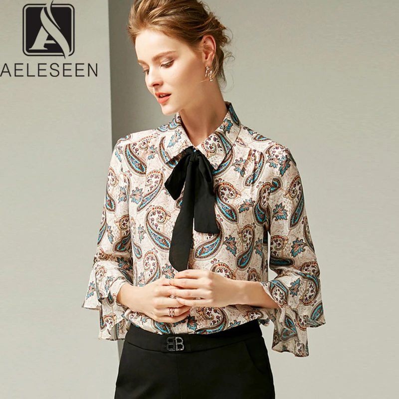 

AELESEEN Vintage Runway Print Blouse Women 2019 Autumn New Fashion Elegant Ruffled Wrist-Length Sleeve Bow Tie Office Lady Shirt