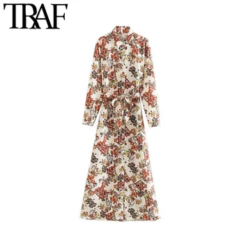 

TRAF Women Vintage Stylish Floral Print Bow Tie Sashes Maxi Dress Fashion Long Sleeve Office Wear Female Dresses Vestidos Mujer