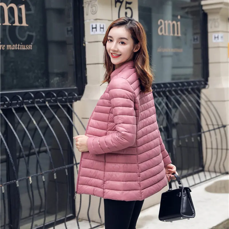 Женские зимние пальто размера плюс, длинное пальто, Ультралегкая куртка на гусином пуху, Корейская теплая тонкая куртка, тонкое однотонное пальто с стоячим воротником - Цвет: pink