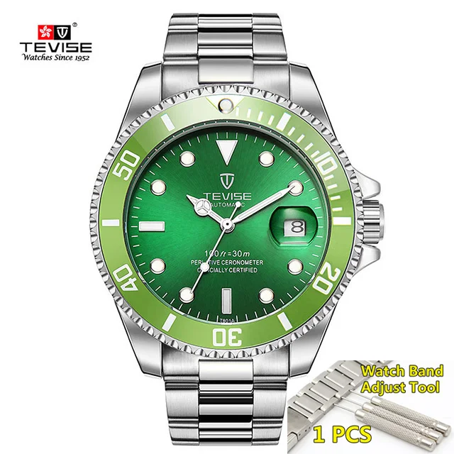 Tevise Luxury Waterproof Automatic Men Mechanical Watch Auto Date Steel Business Top Brand Man Watches Water Resistant - Color: 2-green-silver