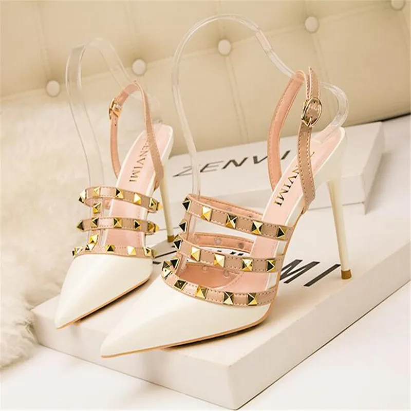 2024 New 10CM PUMPS Sexy pointed Roman high heels nightclub was thin rivets female sandals stiletto back empty women's shoes
