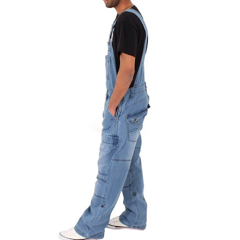Fashion man Casual Losse Pocket Overalls Comfortabele Denim Jumpsuits Bib pants jeans baggy Jeans Man Blauw Broek