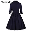 Tonval Vintage Style Wrap Belted Elegant Pleated Autumn Dress Women 2022 Winter 3/4 Length Sleeve Office Cotton Dresses ► Photo 2/6