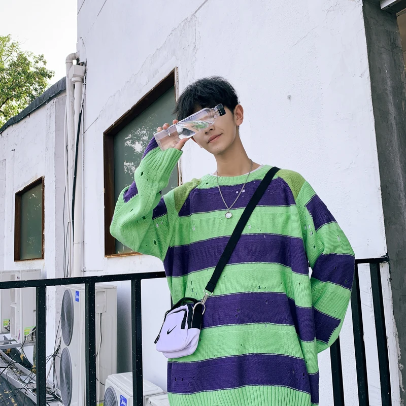 Autumn Hole Sweater Men's Fashion Contrast Color Casual Knit Pullover Man Streetwear Wild Loose Long Sleeve Striped Sweater