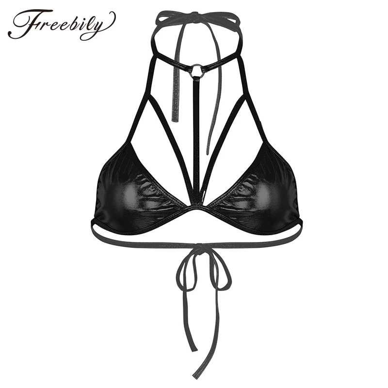 

Sexy Women Bikini Top Bra Swimwear Bathing Beach Swimsuit Shiny Metallic Halter Neck Front Strappy Two-Piece Separates bikini