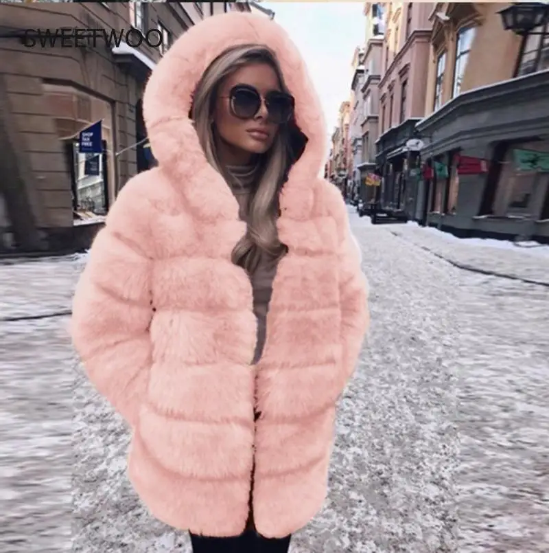 Winter Faux Fur Coat New Fashion Overcoat Woman Medium Style Stand Collar Fox Fur Loose Imitation Fur Jackets  S-4Xl