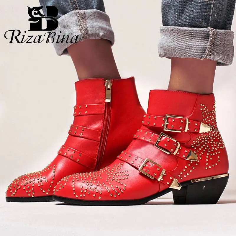 RIZABINA Women Outdoor Winter Real Leather Buckle Rivets Ankle Boots Brand Warm Shoes Woman Round Toe Footwear Size 34-42 | Обувь