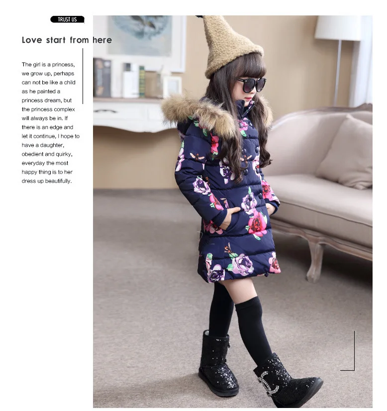 Зимние пальто с принтом для девочек; плотное теплое Детское пальто; модная детская верхняя одежда с цветочным принтом; хлопковая одежда с меховым воротником и капюшоном;