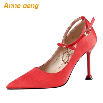 

2020 New Spring Women Ankle Strap Pumps High Thin Heel Pointed Toe Crystal Buckle Women Shoes Red Sexy Office Ladies High Heels