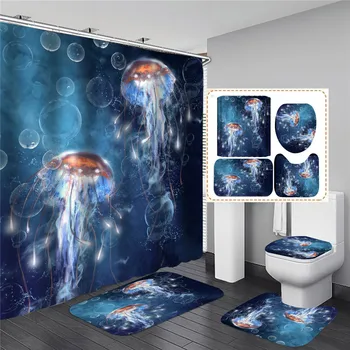 

3D Jellyfish Printing Shower Curtains Mat Set for Bathroom Waterproof Polyester Fabric Shower Bath Curtain With Hooks