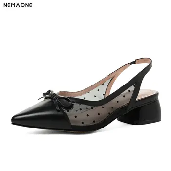 

2020 New Genuine Leather Women Pumps Fashion Slingbacks Pointed Toe Square Heel Women Shoes Ladies Summer Casual Party Sandals