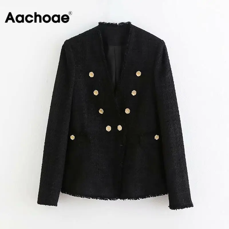 Fashion Black Color Blazer Women Double Breasted Long Sleeve Casual Coat Female V Neck Button Elegant Jacket Outwear Veste Femme