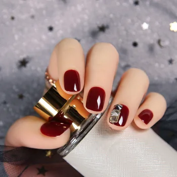 

24pcs Lasting Wine Red Color acrylic nail Riverstones Mine Black Diamonds Short Style Natural Wearable Disassembling Fake Nails