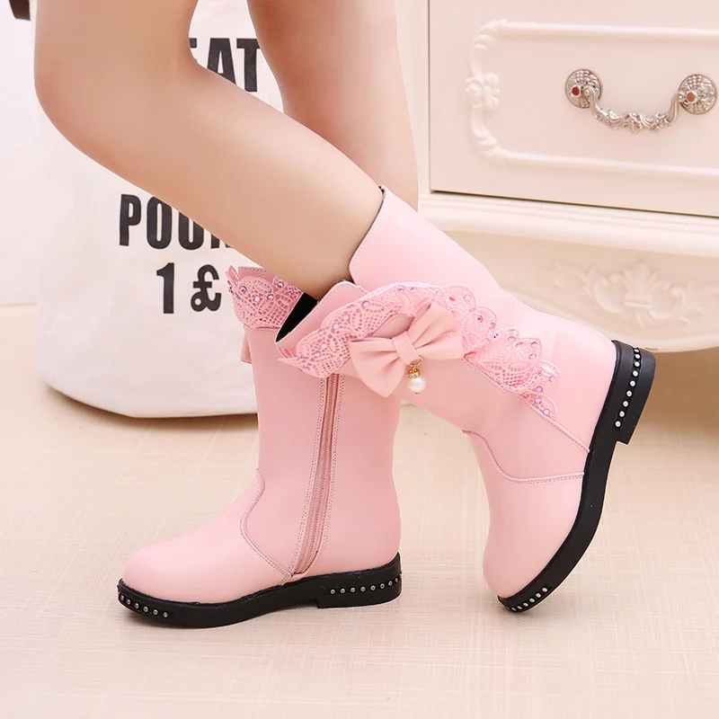 Зимние новые черные детские ботинки для девочек детская обувь с высоким бантом платье принцессы для девочек ботинки для больших детей Размер 27-37 - Цвет: pink
