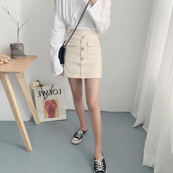 

England Style Korean Skirt Women's 2019 Summer Ins Hot High Waist Pocket + Button Skirts Womens