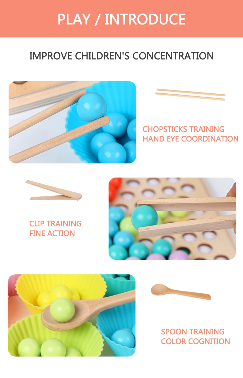 Kids Montessori Wooden Toys Hands Brain Training Clip Beads Chopsticks Beads Toys Early Educational Puzzle Board Math Game Toy