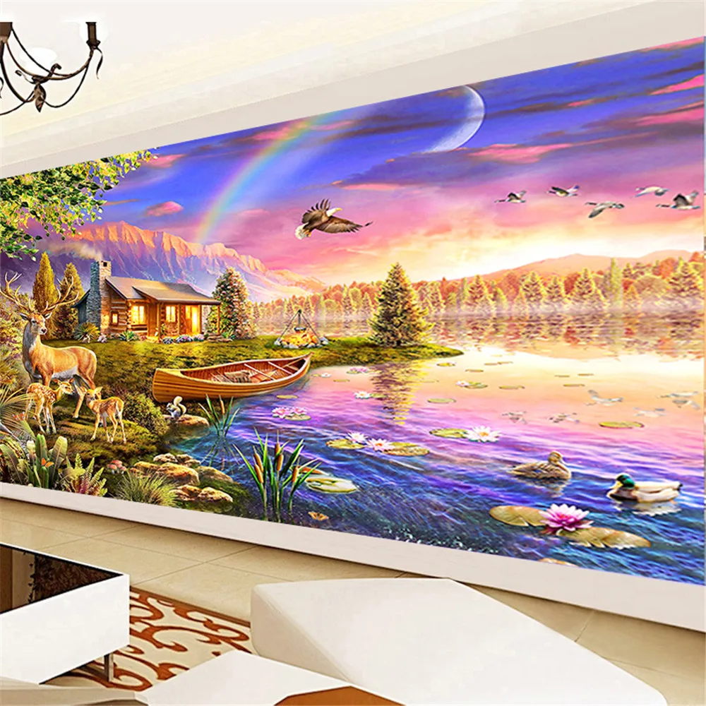 5D Diamond Painting Full Round Deer Lakeside Scenery Rhinestones Pictures Embroidery Animal Mosaic Home Decor | Дом и сад