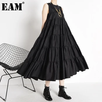 

[EAM] Women Black Pleated Split Joint Long Dress New Round Neck Sleeveless Loose Fit Fashion Tide Spring Summer 2020 1Z40201