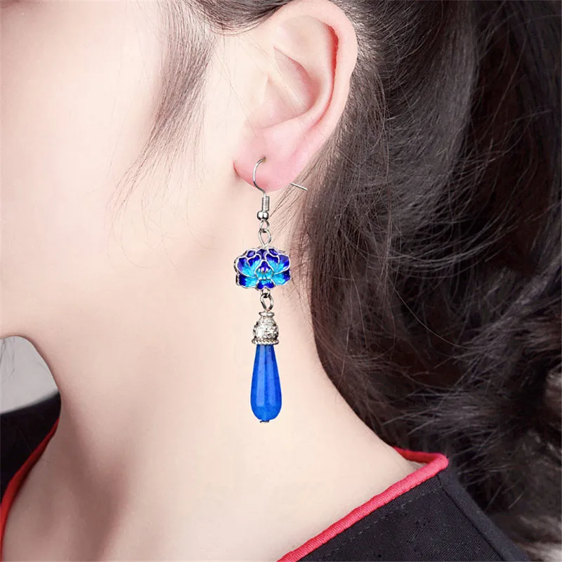Yanting Blue Cloisonne Цветок женские украшения, серьги-капельки Этнические Ручной Работы Эффектные серьги синий халцедон 050