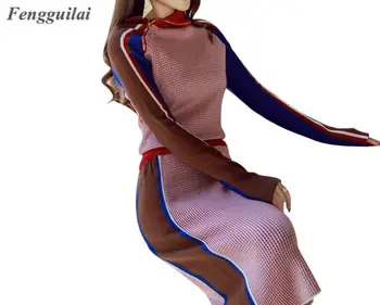 

2020 New 2 Pieces Knitting Sets Color-block Zipper High Collar Sweater + Fashion Package Hip Knee Skirt Suit Set