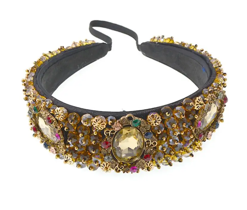 Vintage wide-brimmed crystal headband Baroque court hair accessories Korean simple elastic headband jewelry
