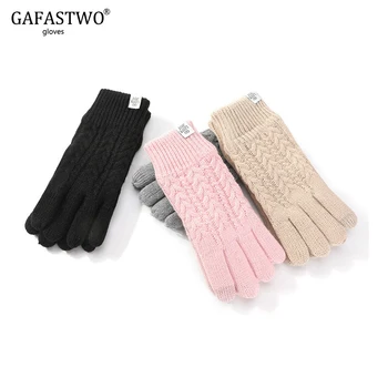 

New Fashion Knit Gloves Ladies Autumn And Winter Outdoor Travel Double Thick Windproof Plus Velvet Warm Touch Screen Gloves