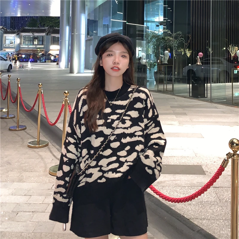 

2020 Winter Leopard Cropped All-Match Pullovers Loose Knitwear Sweaters Women Korean Weater Vintage O-Neck Jumper Pull Femme
