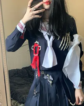 

JK Uniform Sailor Suit Punk Gothic Bad Girl Pleated Skirt Set Long Sleeve Appliques waist chains darkness School Outfit Japanese