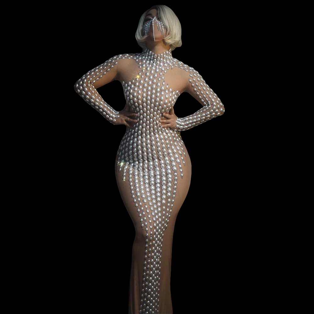 

Fashion Rhinestones Pearls Mesh Dresses for Women Birthday Celebrate Dress Transparent Outfit Women Singer Dance Stage Costumes