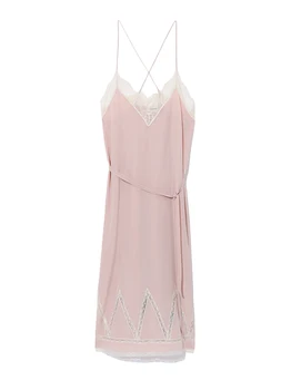 

Pink color silk dress Women lace spagetti strap dress cute sweet Chery lace stitching midi dress