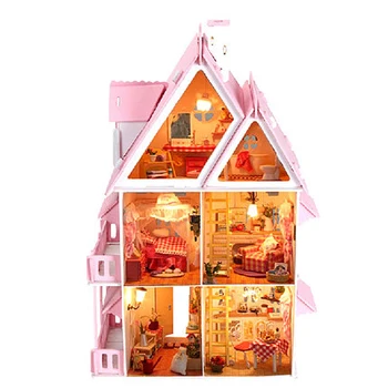 

Pink House Building Toys for Girls Gift Assembling DIY Miniature Model Kit Wooden Doll House Big Size House Toy With Furnitures