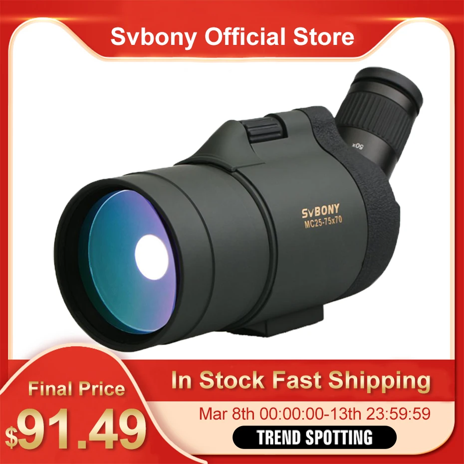 SVBONY SV41 25-75x70 Spotting Scope Telescope Refraction Monocular Binoculars Hunting Optics BAK4 Prism Long Range Waterproof